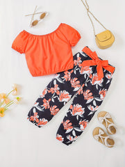 Girls Off Shoulder Crop Top & Flowers Print Pants Set