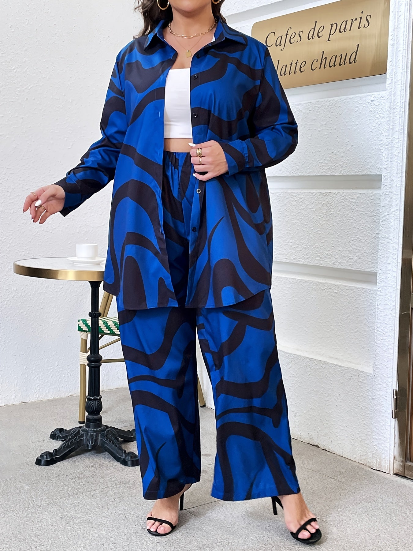 Abstract Stripe Print Shirt & Wide Leg Pant Set