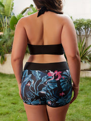 Tropical Print Tankini Set Halter Neck Bra & Shorts Two Piece