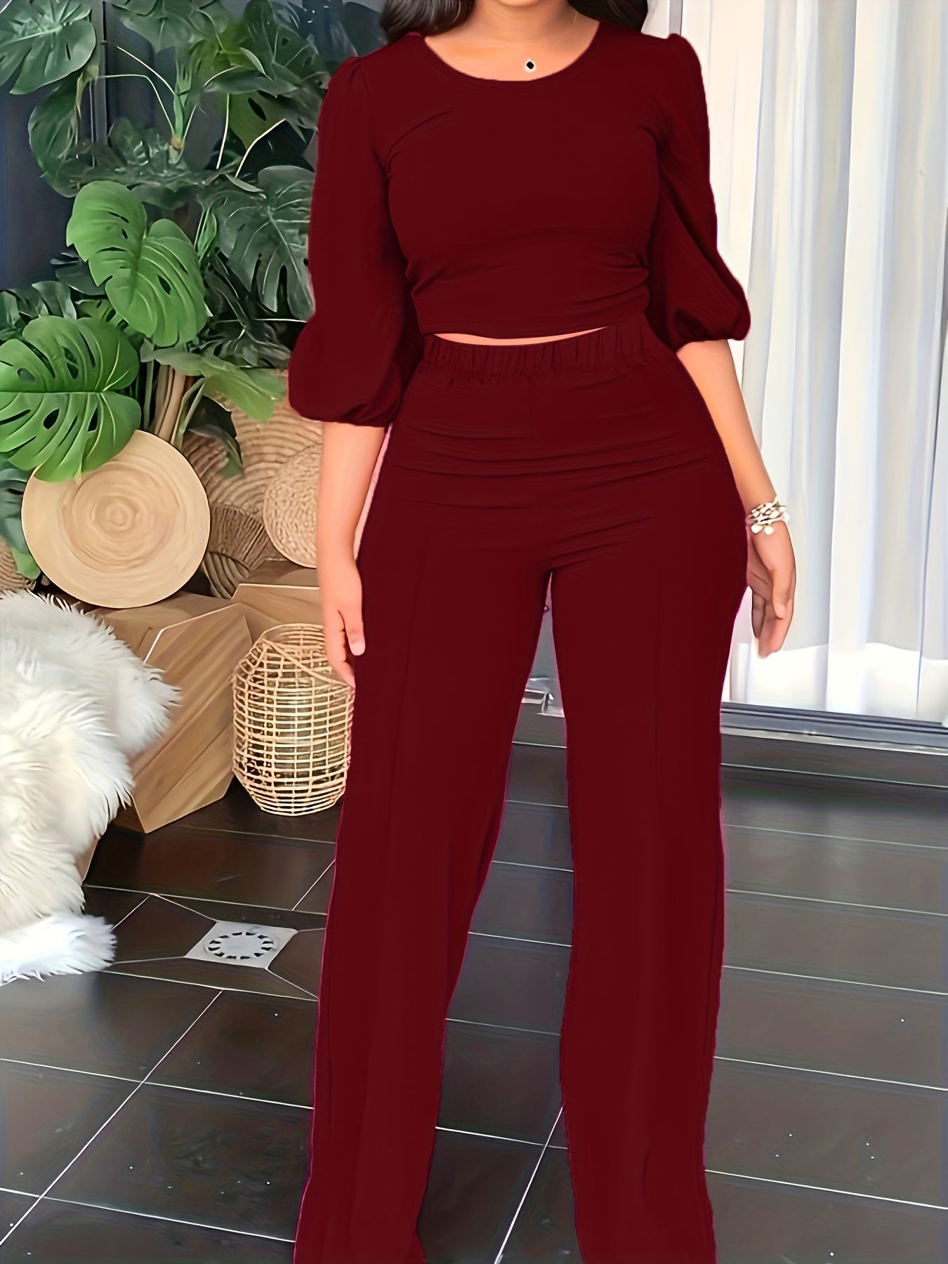 Solid Two piece Set Lantern Sleeve Crop Blouse & Wide Leg Pants Outfits