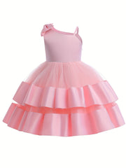 Girls Satin Stitch Tulle Princess Dress with Bow - Special Occasions