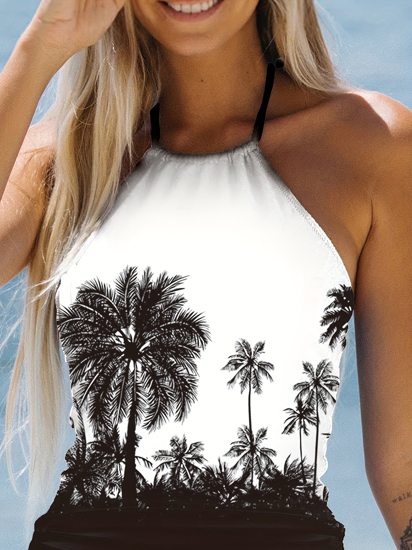 Coconut Tree Print Tankini Sets Halter Round Neck Drawstring Tie Side Swimsuit