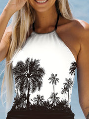 Coconut Tree Print Tankini Sets Halter Round Neck Drawstring Tie Side Swimsuit