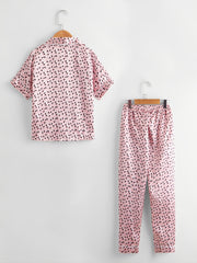 Girls' Pink Love Lapel Pajama Set, Short Sleeve Pants