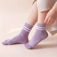 2 Pairs Striped Toe Socks Comfy & Warm Five Finger Women's Stockings