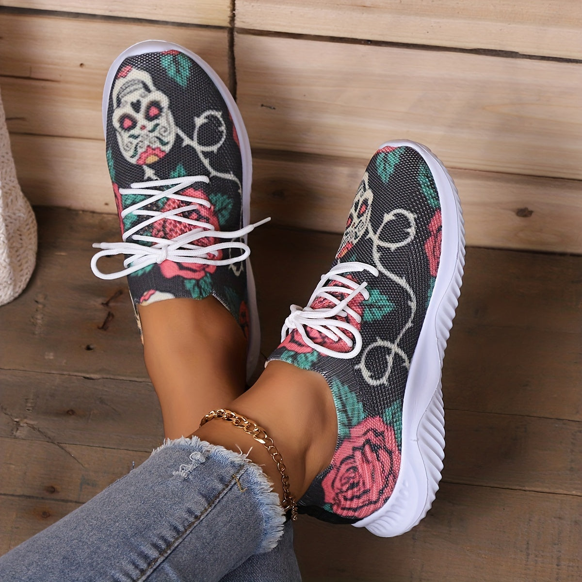 Women's Halloween Skull & Rose Printed Knit Sneakers