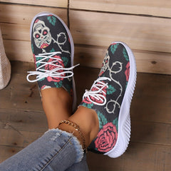 Women's Halloween Skull & Rose Printed Knit Sneakers