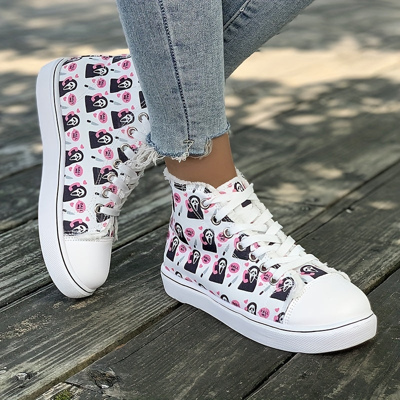 Women's Ghost Pattern Canvas Sneakers Lace Up High Top Trainers