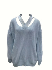 Casual Sweater Solid Knitted V Neck Pullover
