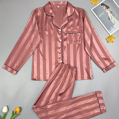 Striped Satin Pajama Set Long Sleeve Buttons Top & Elastic Waistband Pants