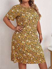 Nightdress Women's Plus Daisy Leopard Print Short Sleeve Round Neck