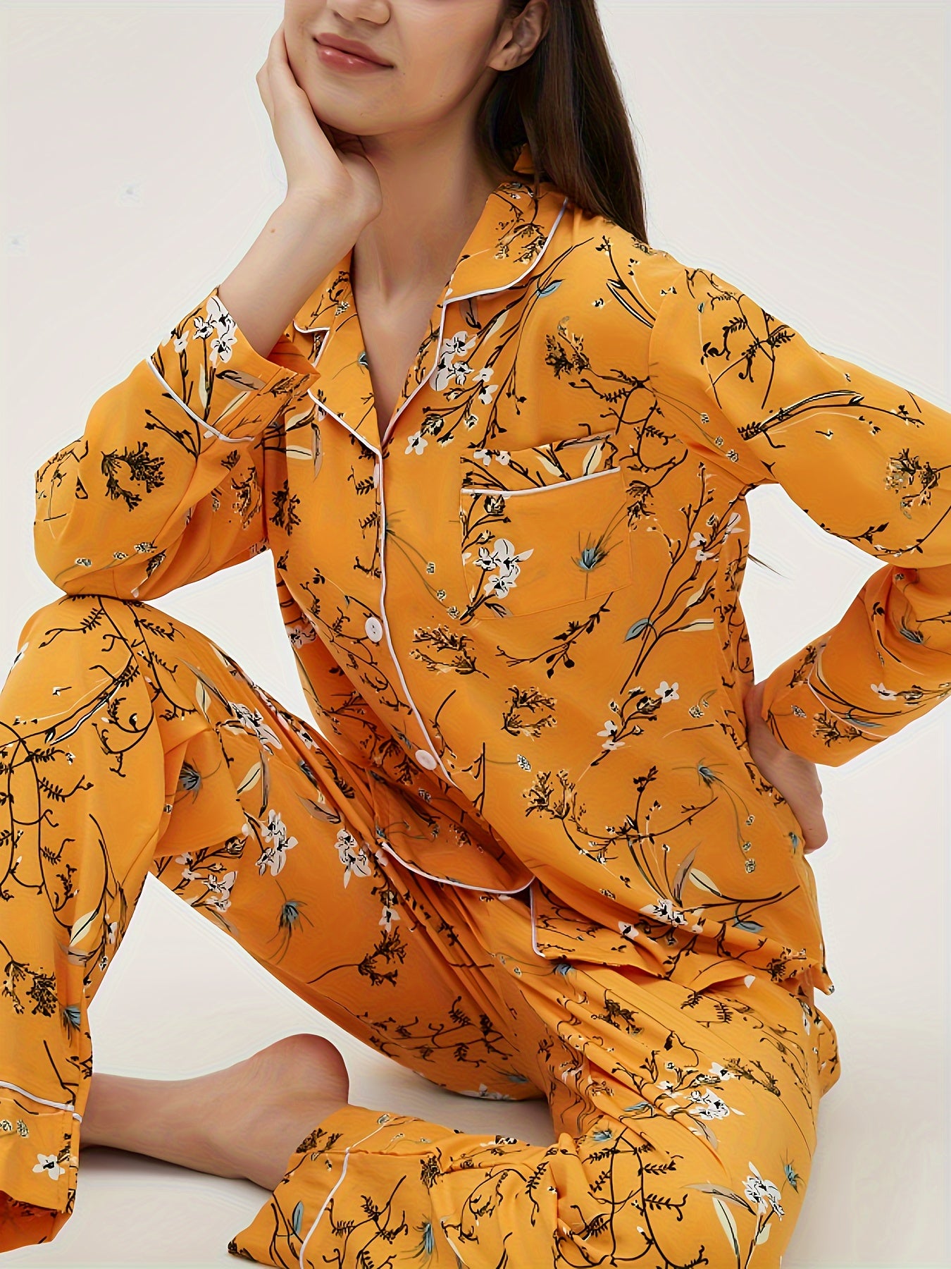 Floral Print Pajama Set Long Sleeve Top & Elastic Waistband Pants