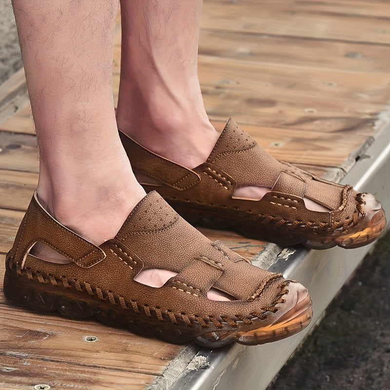 Men's Leather Sandals Non Slip Closed Toe Slide Shoes