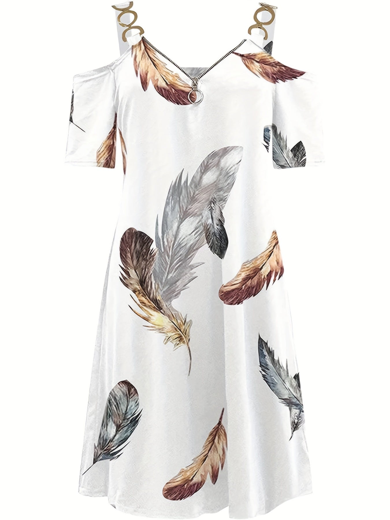 Casual Dress Women's Plus Feather Print Metal Decor Zipper