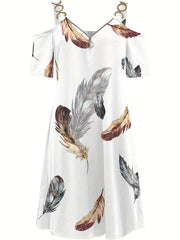 Casual Dress Women's Plus Feather Print Metal Decor Zipper