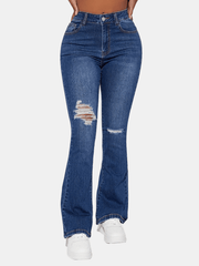 High Rise Ripped Thigh Bootcut Jeans Embossed Crotch Distressed Flare Jeans