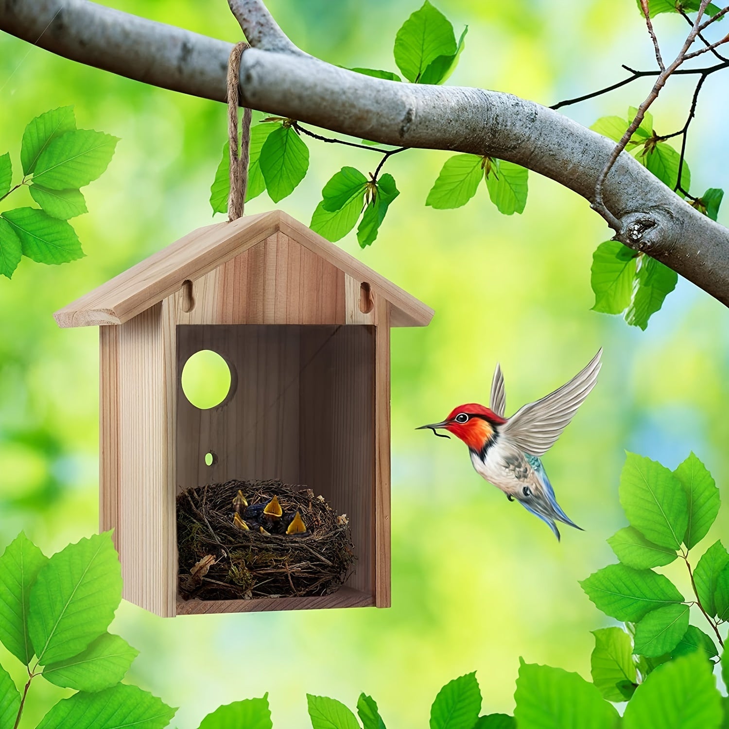 Upgrade Wooden Outdoor Bird House with Suction Cup