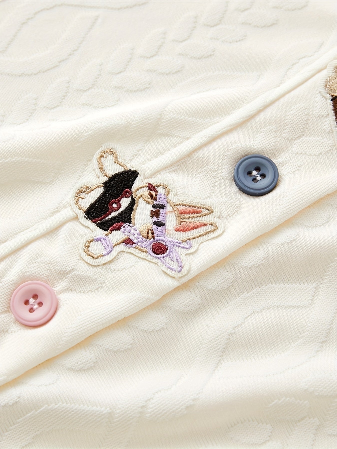 Bunny Embroidery Pajama Set Long Sleeve Buttons Top & Elastic Waistband Pants
