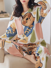 Bear Print Pajama Set Long Sleeve Top & Pants Women's Sleepwear