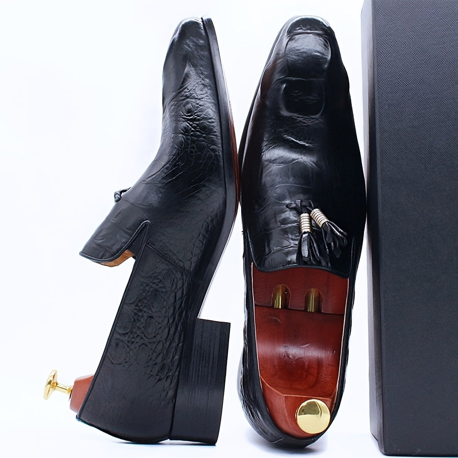 Men's Croc Print Leather Pointed Toe Tassel Loafers