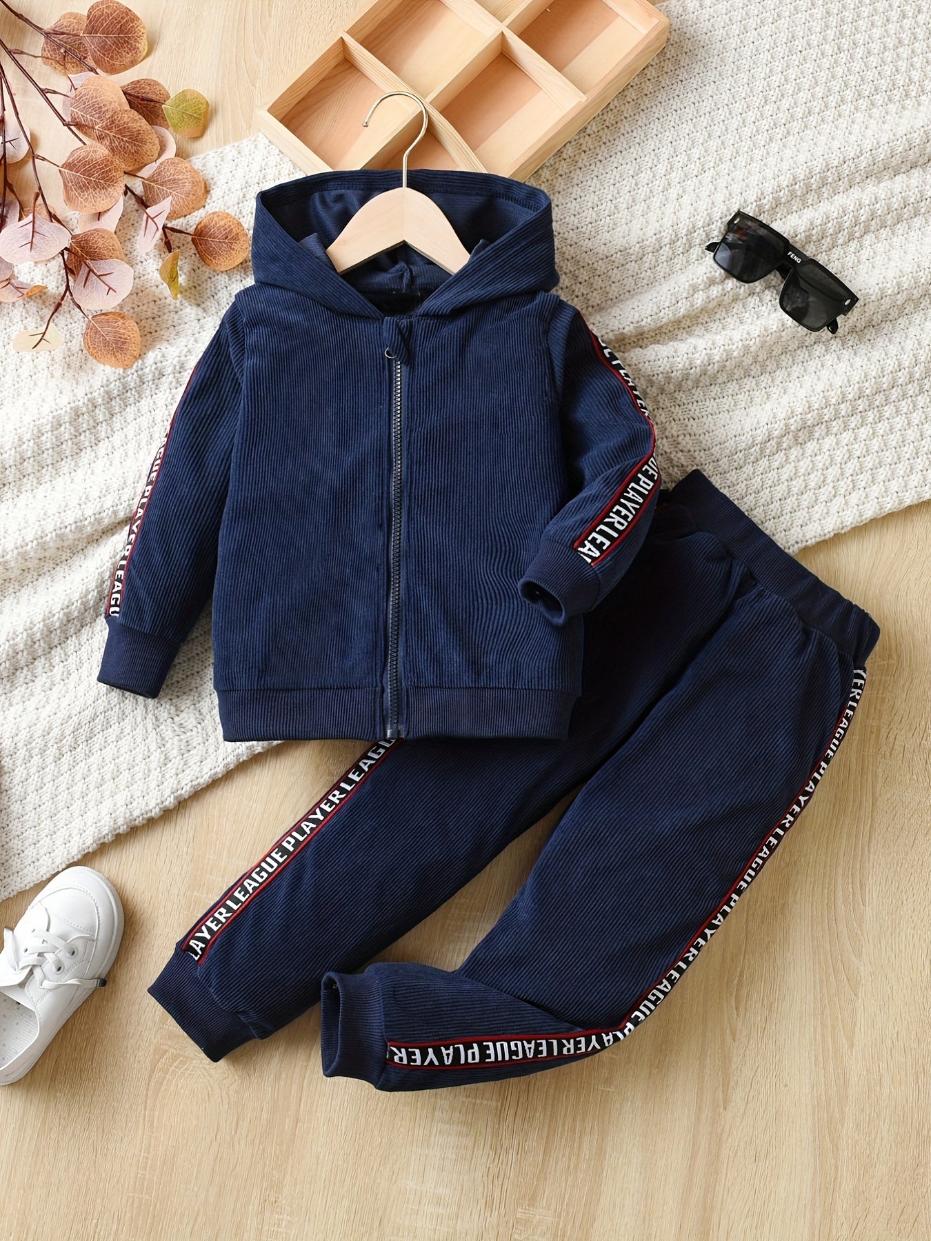 Boys 2pc Set Hoodie & Sweatpants Letter Deco Corduroy Suit for Fall/Winter