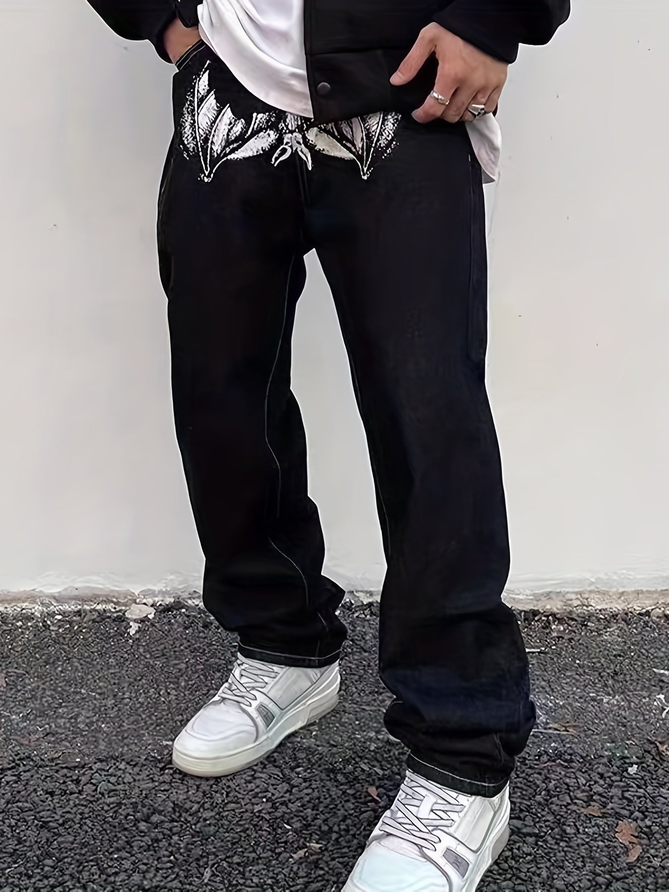 Face & Bat Pattern Loose Fit Jeans Men's Casual Street Style Denim Pants