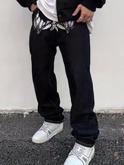 Face & Bat Pattern Loose Fit Jeans Men's Casual Street Style Denim Pants