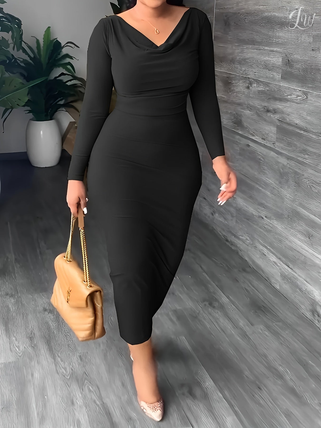 Solid Long Sleeve Cowl Neck Dress