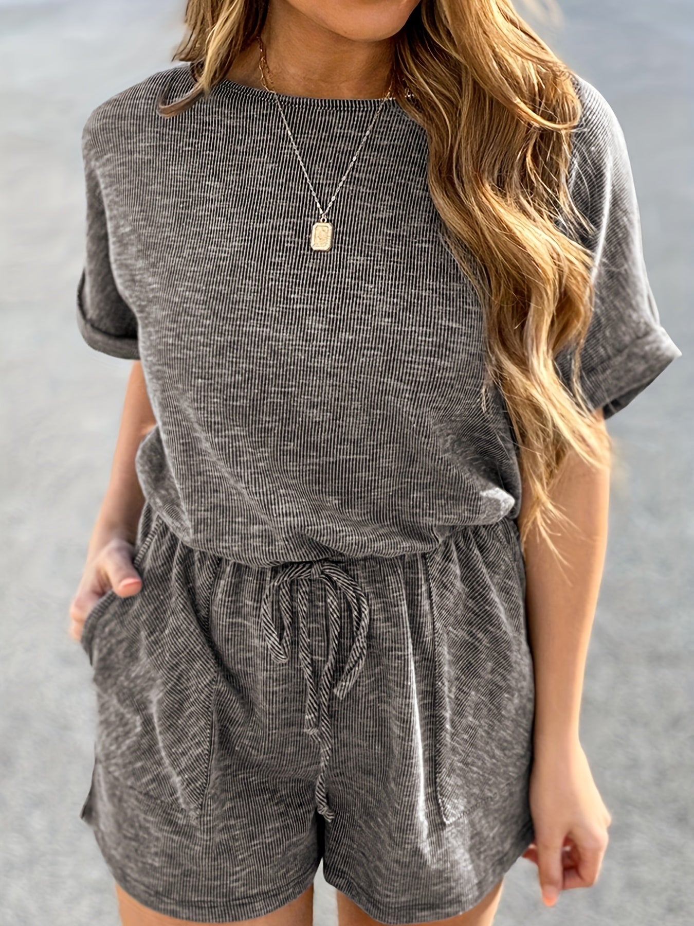 Drawstring Waist Romper Jumpsuit Casual Short Sleeve Romper Jumpsuit