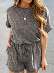 Drawstring Waist Romper Jumpsuit Casual Short Sleeve Romper Jumpsuit