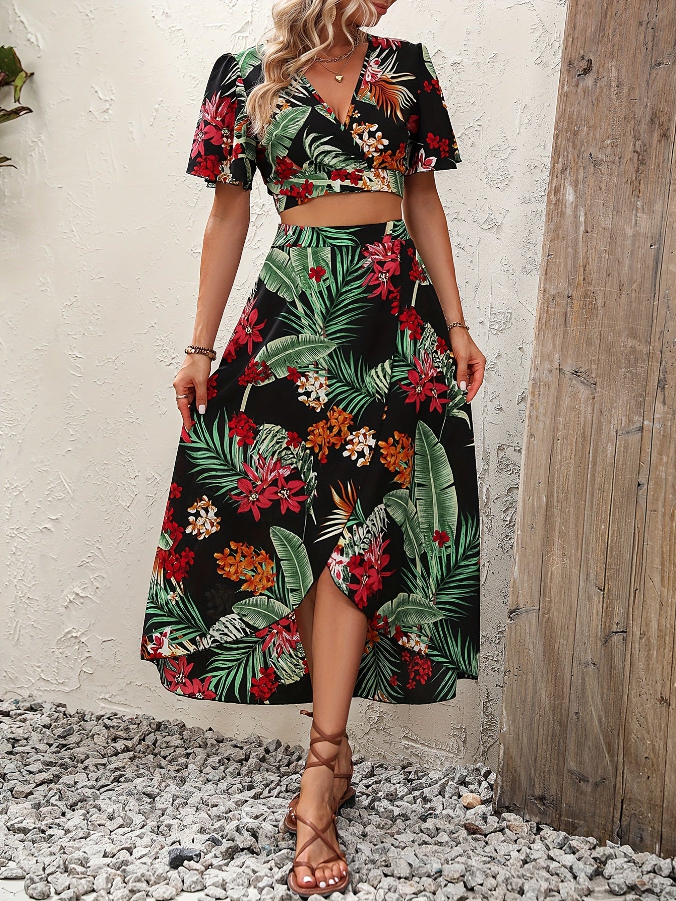 Tropical Print V Neck Flutter Sleeve Two Piece Set