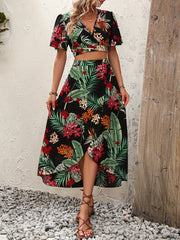 Tropical Print V Neck Flutter Sleeve Two Piece Set