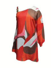 Women's Plus Size Leaf Print One Shoulder Mini Dress