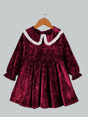 Girls Vintage Velvet Dress Long Sleeve Collared Casual Party Outfit