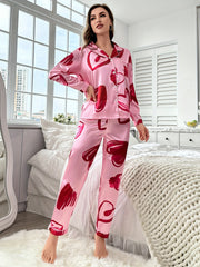 Heart Print Pajama Set Long Sleeve Buttons Top & Elastic Waistband Pants Women's