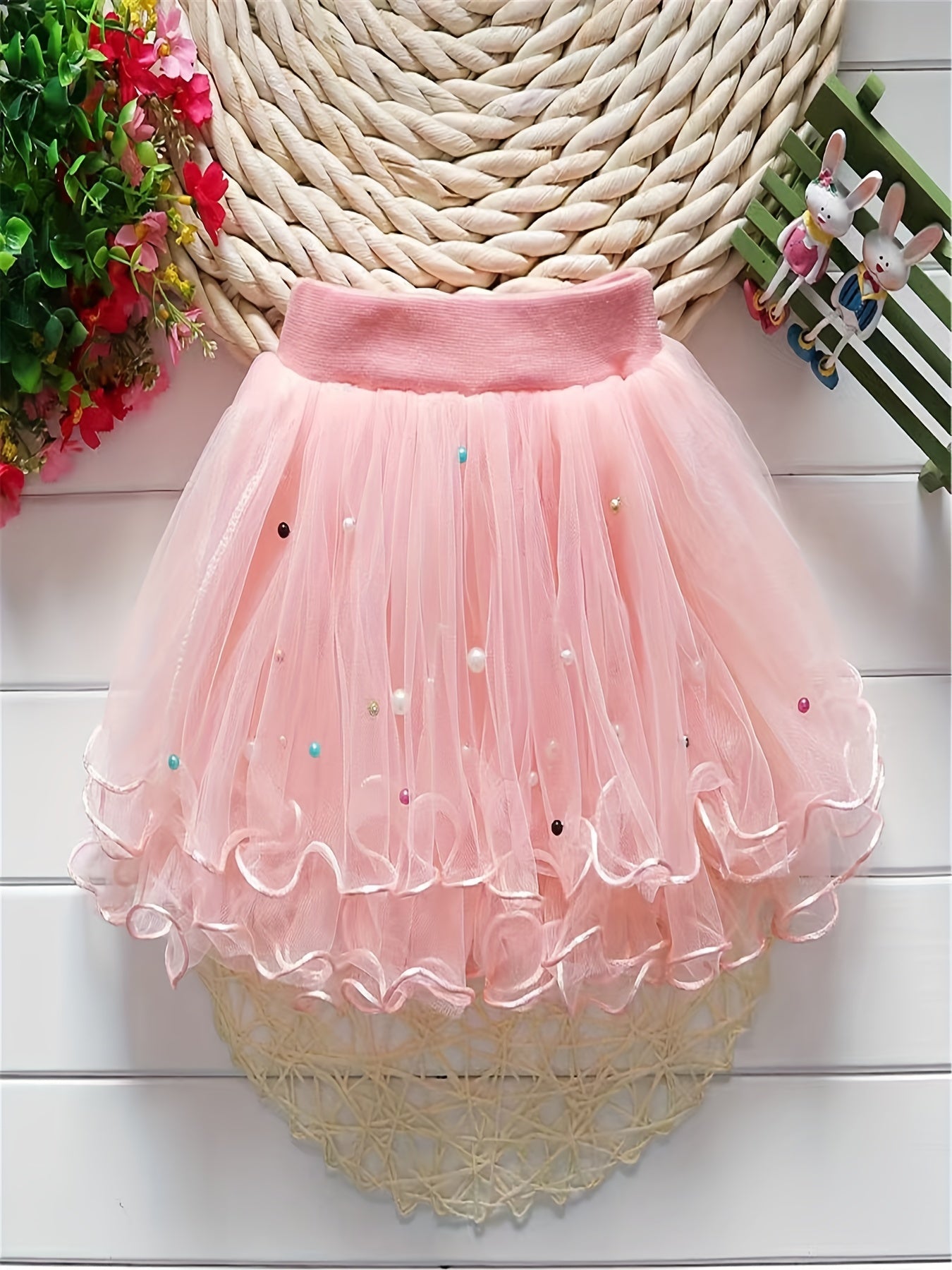 Princess Tutu Skirt with Pearls and Flower Fringes for Party