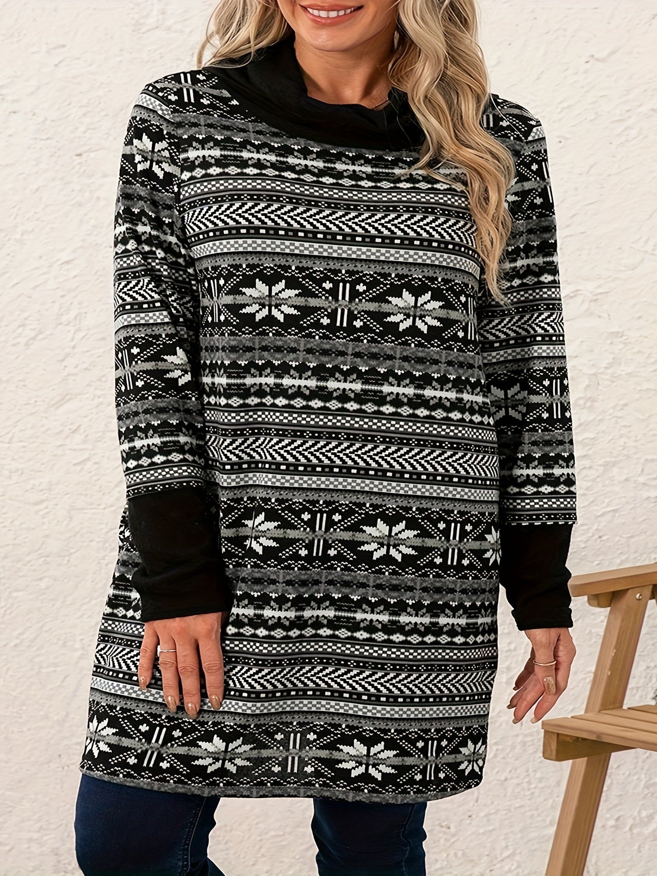 Plus Size Colorblock Geometric Print High Neck Mini Dress