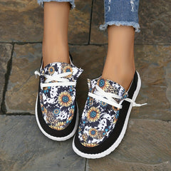 Women's Sunflower Printed Flat Loafers Casual Lace Up Canvas Shoes