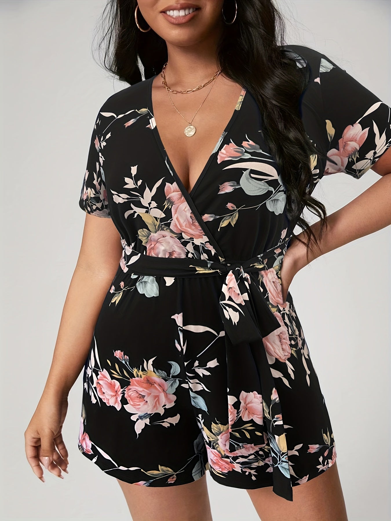 Floral Print Short Sleeve Romper With Belt