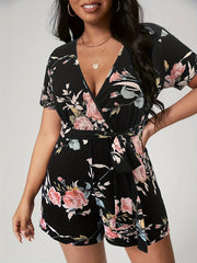Floral Print Short Sleeve Romper With Belt
