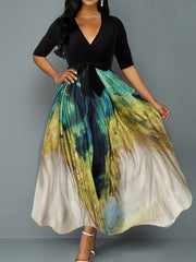 Colorblock Print Maxi Belted Dress