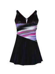 Colorblock Stripe Print V Neck One Piece Swimsuit