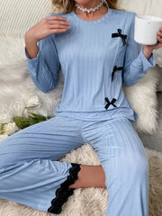 Solid Lounge Set Long Sleeve Crew Neck Top & Lace Trim Pants