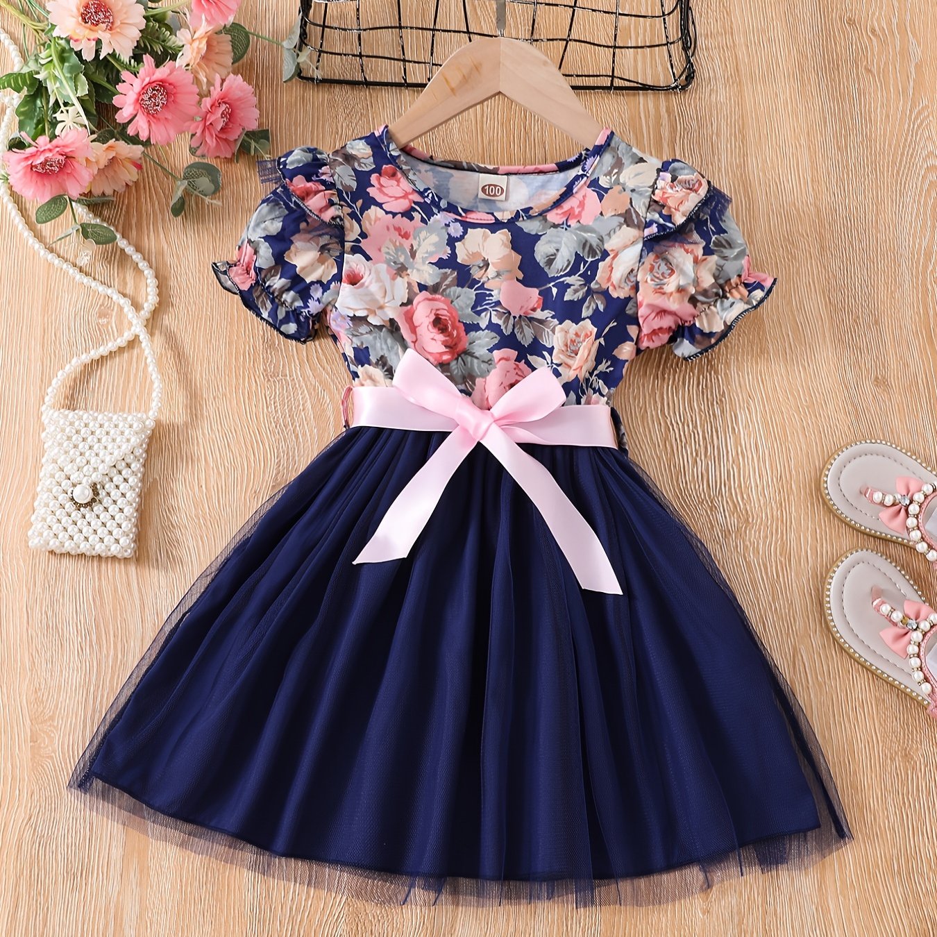 Toddler Girls Floral Princess Dress with Ruffle Trim and Belt