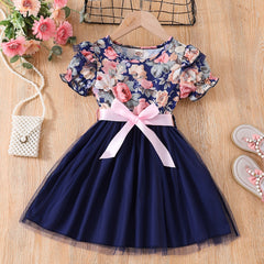 Toddler Girls Floral Princess Dress with Ruffle Trim and Belt