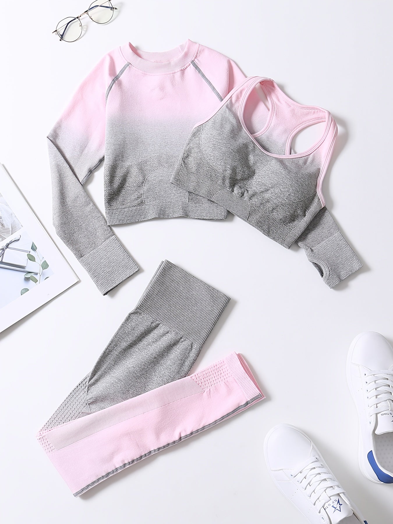 2pcs Women's Seamless Yoga Set Gradient Leggings Crop Top Sports Bra Fitness