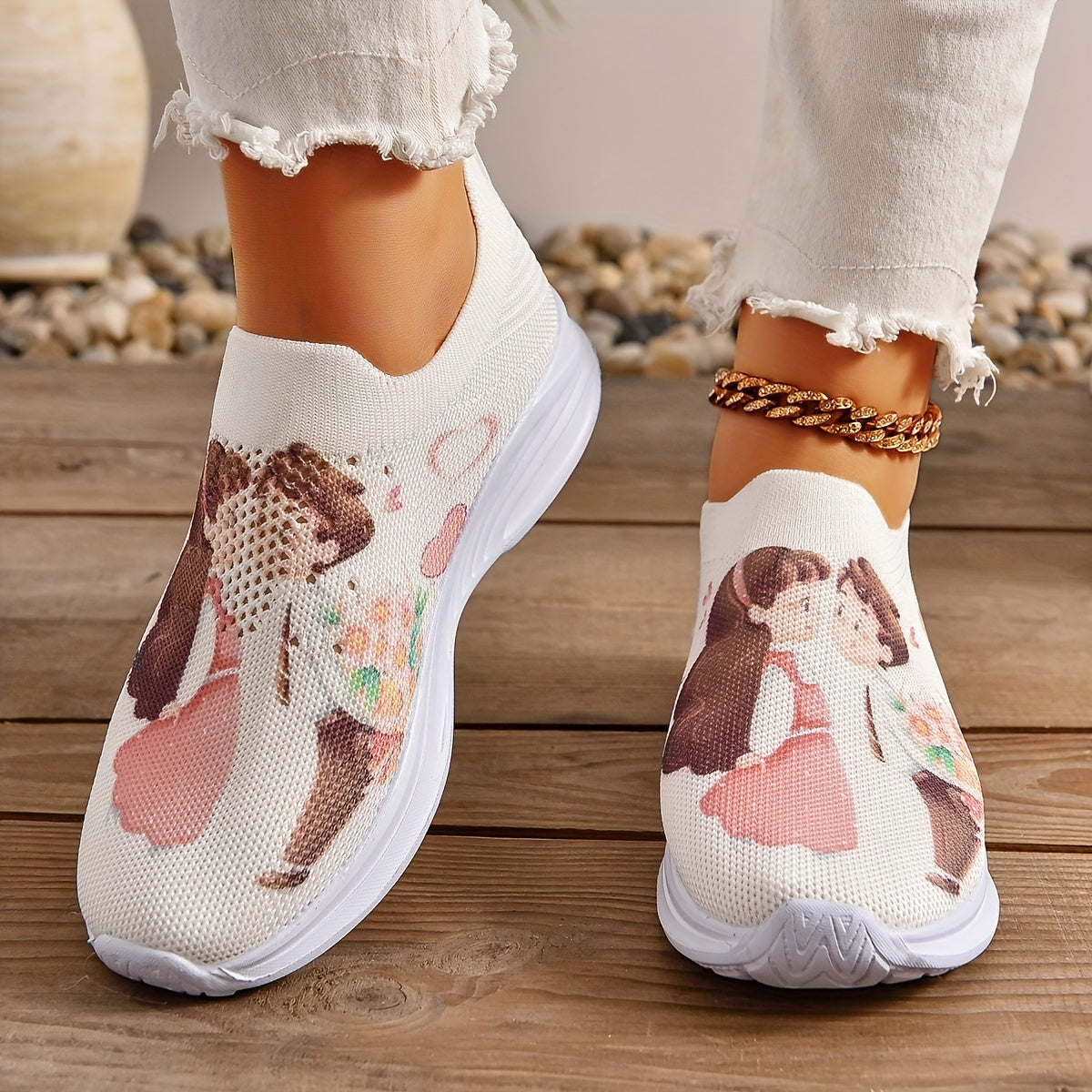 Graphic Elastic Knit Slip on Sneakers Women's Comfy Footwear