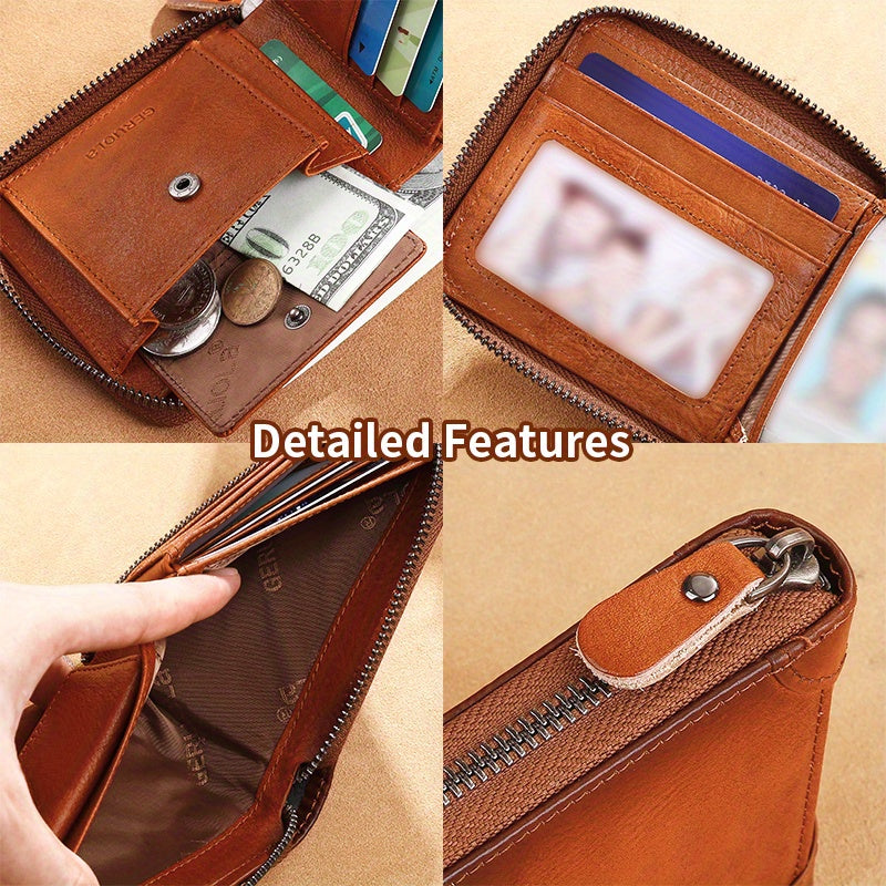 RFID Secure Leather Zipper Wallet Large Capacity Double Fold Card Wallet for Men
