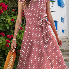 Polka Dot Print Dress Casual V Neck Short Sleeve Midi Dress