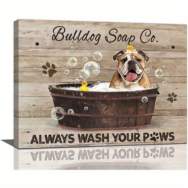 Solid Wood Frame Canvas Bulldog Bathtub Home Decor Wall Art